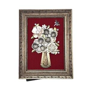 Vintage Jewelry Art FLOWER ARRANGEMENT In Vase 8 1/2" x 6 1/2"